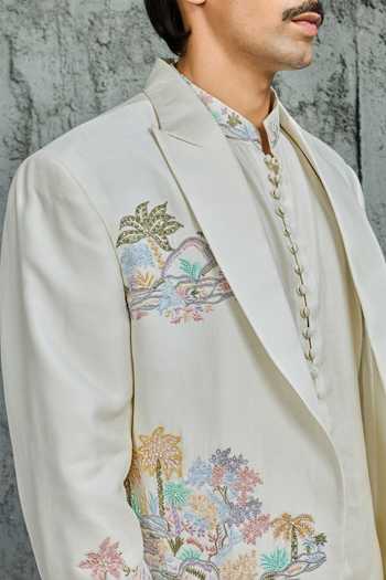 Buy_Sarab Khanijou_Off White Chanderi Silk The Pearl Palm Embroidered Jacket Trouser Set _Online_at_Aza_Fashions