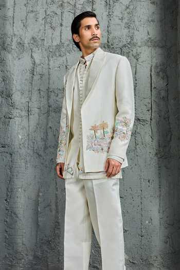 Shop_Sarab Khanijou_Off White Chanderi Silk The Pearl Palm Embroidered Jacket Trouser Set _Online_at_Aza_Fashions