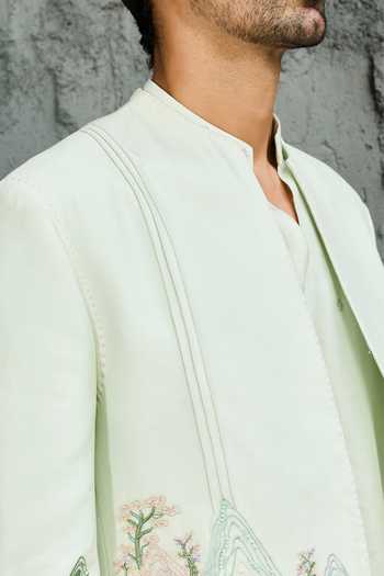 Sarab Khanijou_Green Chanderi Silk The Meadow Edit Jacket And Short Kurta Set _Online_at_Aza_Fashions