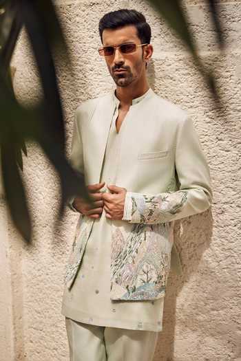 Buy_Sarab Khanijou_Green Chanderi Silk The Meadow Edit Jacket And Short Kurta Set _Online_at_Aza_Fashions