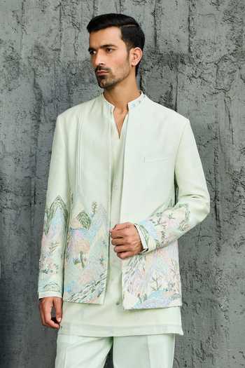 Shop_Sarab Khanijou_Green Chanderi Silk The Meadow Edit Jacket And Short Kurta Set _Online_at_Aza_Fashions