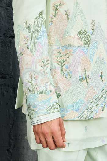 Sarab Khanijou_Green Chanderi Silk The Meadow Edit Jacket And Short Kurta Set _at_Aza_Fashions