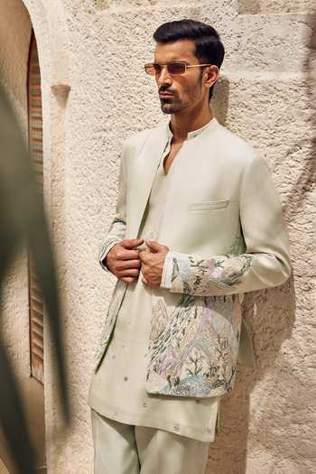 Buy_Sarab Khanijou_Green Chanderi Silk The Meadow Edit Jacket And Short Kurta Set 