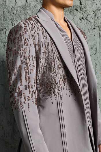 Shop Sarab Khanijou Grey Slate Embroidered Jacket And Short Kurta Set Online at Aza Fashions Shop_Sarab Khanijou_Grey Slate Embroidered Jacket And Short Kurta Set _Online_at_Aza_Fashions