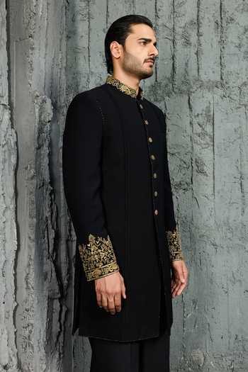 Shop Sarab Khanijou Black Obsidian Noor Embroidered Sherwani Set Online at Aza Fashions Shop_Sarab Khanijou_Black Obsidian Noor Embroidered Sherwani Set _Online_at_Aza_Fashions