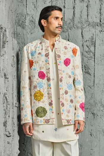Sarab Khanijou Ivory Bloom Jacket & Short Kurta Set 