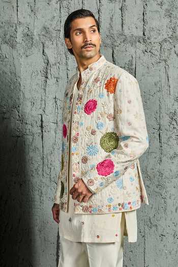 Buy Sarab Khanijou Ivory Chanderi Silk Bloom Jacket And Short Kurta Set Online at Aza Fashions Buy_Sarab Khanijou_Ivory Chanderi Silk Bloom Jacket And Short Kurta Set _Online_at_Aza_Fashions