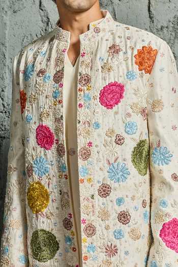 Shop Sarab Khanijou Ivory Chanderi Silk Bloom Jacket And Short Kurta Set Online at Aza Fashions Shop_Sarab Khanijou_Ivory Chanderi Silk Bloom Jacket And Short Kurta Set _Online_at_Aza_Fashions
