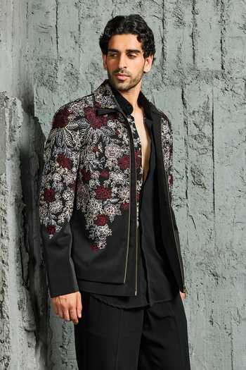 Shop Sarab Khanijou Black Night Bloom Embroidered Jacket And Trouser Set Online at Aza Fashions Shop_Sarab Khanijou_Black Night Bloom Embroidered Jacket And Trouser Set _Online_at_Aza_Fashions