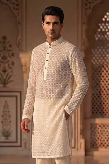 Shop_Prateek Munjal_Off White Georgette Chikankari Kurta Pant Set _Online_at_Aza_Fashions