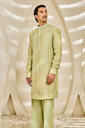 Shop_Sarab Khanijou_Mint Chanderi Silk Serene Garden Nehru Jacket And Kurta Set _Online_at_Aza_Fashions