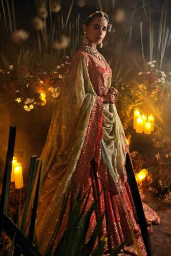 Amaltas Couture Raw Silk Embroidered Bridal Lehenga Set 
