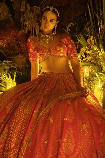 Amaltas Couture Red Silk, Organza, Net Sweetheart Neck Raw Embroidered Bridal Lehenga Set Online at Aza Fashions Amaltas Couture_Red Silk, Organza, Net Sweetheart Neck Raw Embroidered Bridal Lehenga Set _Online_at_Aza_Fashions