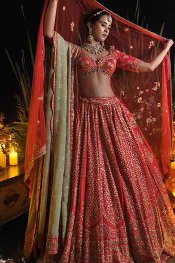 Buy Amaltas Couture Red Silk, Organza, Net Sweetheart Neck Raw Embroidered Bridal Lehenga Set Online at Aza Fashions Buy_Amaltas Couture_Red Silk, Organza, Net Sweetheart Neck Raw Embroidered Bridal Lehenga Set _Online_at_Aza_Fashions
