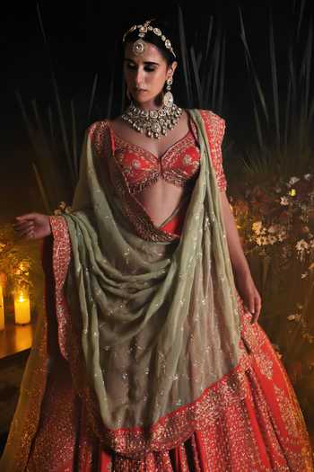 Amaltas Couture Red Silk, Organza, Net Sweetheart Neck Raw Embroidered Bridal Lehenga Set at Aza Fashions Amaltas Couture_Red Silk, Organza, Net Sweetheart Neck Raw Embroidered Bridal Lehenga Set _at_Aza_Fashions