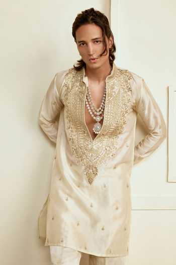 Buy Gopi Vaid Ivory Tussar, Satin, Linen Pranav Embroidered Kurta Set Online at Aza Fashions Buy_Gopi Vaid_Ivory Tussar, Satin, Linen Pranav Embroidered Kurta Set _Online_at_Aza_Fashions