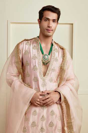 Shop Gopi Vaid Pink Tussar, Satin, Linen Hriday Embroidered Kurta Set at Aza Fashions Shop_Gopi Vaid_Pink Tussar, Satin, Linen Hriday Embroidered Kurta Set _at_Aza_Fashions