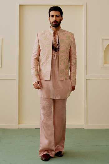 Buy_Gopi Vaid_Pink Chanderi, Linen, Satin, Tussar Dhir Embroidered Jacket And Kurta Set _Online_at_Aza_Fashions