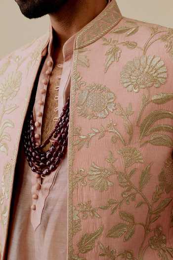 Shop_Gopi Vaid_Pink Chanderi, Linen, Satin, Tussar Dhir Embroidered Jacket And Kurta Set _Online_at_Aza_Fashions
