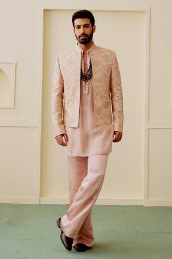 Gopi Vaid_Pink Chanderi, Linen, Satin, Tussar Dhir Embroidered Jacket And Kurta Set _at_Aza_Fashions