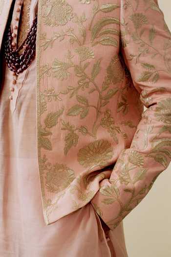 Buy_Gopi Vaid_Pink Chanderi, Linen, Satin, Tussar Dhir Embroidered Jacket And Kurta Set 