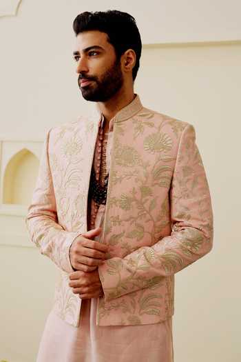 Shop_Gopi Vaid_Pink Chanderi, Linen, Satin, Tussar Dhir Embroidered Jacket And Kurta Set 