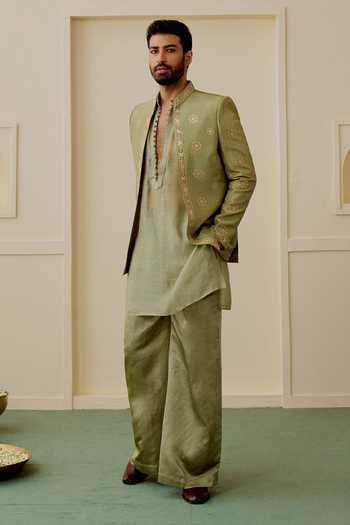 Gopi Vaid_Green Chanderi, Satin, Linen, Tussar Vihaan Embroidered Jacket And Kurta Set _Online_at_Aza_Fashions