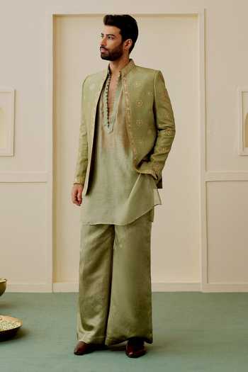 Buy_Gopi Vaid_Green Chanderi, Satin, Linen, Tussar Vihaan Embroidered Jacket And Kurta Set _Online_at_Aza_Fashions