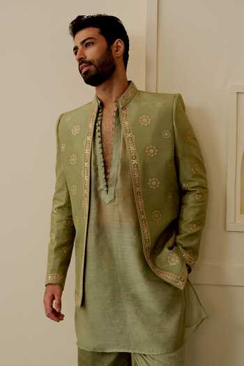 Shop_Gopi Vaid_Green Chanderi, Satin, Linen, Tussar Vihaan Embroidered Jacket And Kurta Set _Online_at_Aza_Fashions