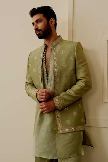 Gopi Vaid_Green Chanderi, Satin, Linen, Tussar Vihaan Embroidered Jacket And Kurta Set _at_Aza_Fashions