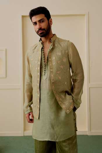 Gopi Vaid_Green Chanderi, Satin, Linen, Tussar Zari Veer Embroidered Bundi And Kurta Set _Online_at_Aza_Fashions