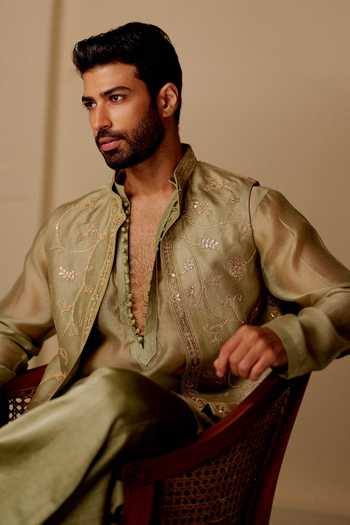 Buy_Gopi Vaid_Green Chanderi, Satin, Linen, Tussar Zari Veer Embroidered Bundi And Kurta Set _Online_at_Aza_Fashions