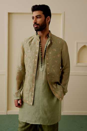Shop_Gopi Vaid_Green Chanderi, Satin, Linen, Tussar Zari Veer Embroidered Bundi And Kurta Set _Online_at_Aza_Fashions