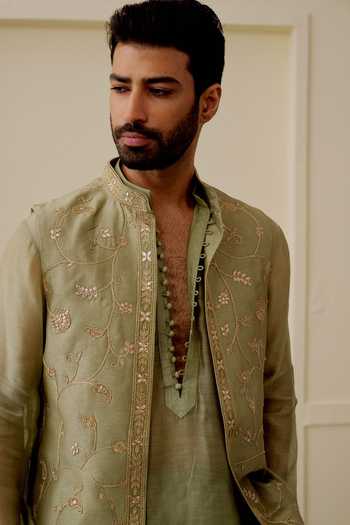 Gopi Vaid_Green Chanderi, Satin, Linen, Tussar Zari Veer Embroidered Bundi And Kurta Set _at_Aza_Fashions