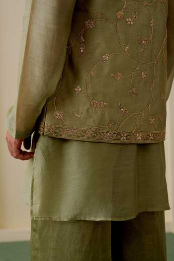 Buy_Gopi Vaid_Green Chanderi, Satin, Linen, Tussar Zari Veer Embroidered Bundi And Kurta Set 