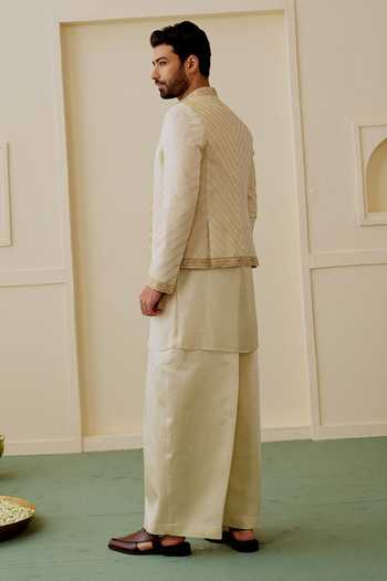 Shop Gopi Vaid Ivory Chanderi, Satin, Linen, Organza Ishaan Embroidered Jacket And Kurta Set at Aza Fashions Shop_Gopi Vaid_Ivory Chanderi, Satin, Linen, Organza Ishaan Embroidered Jacket And Kurta Set _at_Aza_Fashions