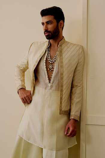 Gopi Vaid Ivory Chanderi, Satin, Linen, Organza Ishaan Embroidered Jacket And Kurta Set Online at Aza Fashions Gopi Vaid_Ivory Chanderi, Satin, Linen, Organza Ishaan Embroidered Jacket And Kurta Set _Online_at_Aza_Fashions