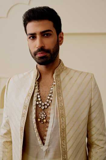 Shop Gopi Vaid Ivory Chanderi, Satin, Linen, Organza Ishaan Embroidered Jacket And Kurta Set Online at Aza Fashions Shop_Gopi Vaid_Ivory Chanderi, Satin, Linen, Organza Ishaan Embroidered Jacket And Kurta Set _Online_at_Aza_Fashions