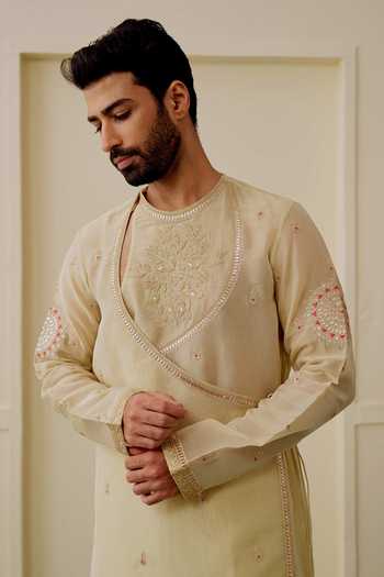 Gopi Vaid Ivory Tissue, Satin, Linen Archit Embroidered Angarkha Kurta Set Online at Aza Fashions Gopi Vaid_Ivory Tissue, Satin, Linen Archit Embroidered Angarkha Kurta Set _Online_at_Aza_Fashions