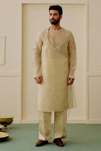 Shop Gopi Vaid Ivory Tissue, Satin, Linen Archit Embroidered Angarkha Kurta Set Online at Aza Fashions Shop_Gopi Vaid_Ivory Tissue, Satin, Linen Archit Embroidered Angarkha Kurta Set _Online_at_Aza_Fashions