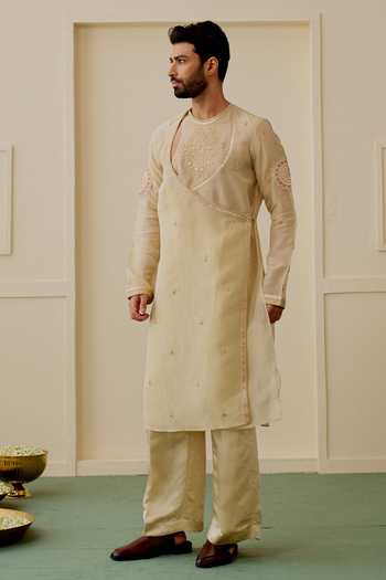 Gopi Vaid Ivory Tissue, Satin, Linen Archit Embroidered Angarkha Kurta Set at Aza Fashions Gopi Vaid_Ivory Tissue, Satin, Linen Archit Embroidered Angarkha Kurta Set _at_Aza_Fashions