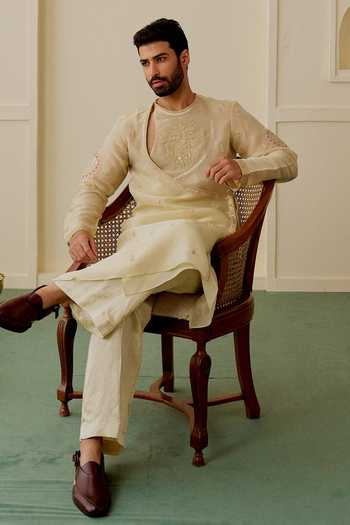 Shop Gopi Vaid Ivory Tissue, Satin, Linen Archit Embroidered Angarkha Kurta Set Shop_Gopi Vaid_Ivory Tissue, Satin, Linen Archit Embroidered Angarkha Kurta Set