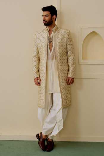 Buy Gopi Vaid Ivory Chanderi, Tussar Yash Embroidered Sherwani And Kurta Set Online at Aza Fashions Buy_Gopi Vaid_Ivory Chanderi, Tussar Yash Embroidered Sherwani And Kurta Set _Online_at_Aza_Fashions