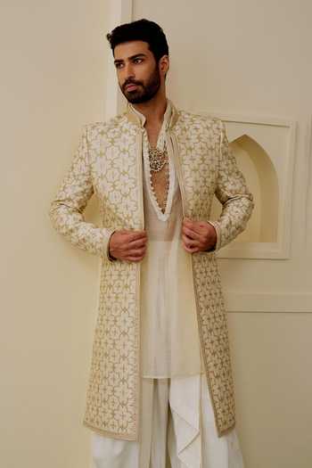 Shop Gopi Vaid Ivory Chanderi, Tussar Yash Embroidered Sherwani And Kurta Set Online at Aza Fashions Shop_Gopi Vaid_Ivory Chanderi, Tussar Yash Embroidered Sherwani And Kurta Set _Online_at_Aza_Fashions