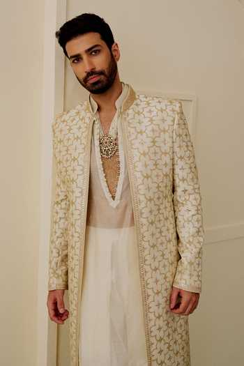 Buy Gopi Vaid Ivory Chanderi, Tussar Yash Embroidered Sherwani And Kurta Set Buy_Gopi Vaid_Ivory Chanderi, Tussar Yash Embroidered Sherwani And Kurta Set