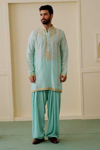 Gopi Vaid Green Tussar, Georgette Sidh Embroidered Kurta Set Online at Aza Fashions Gopi Vaid_Green Tussar, Georgette Sidh Embroidered Kurta Set _Online_at_Aza_Fashions