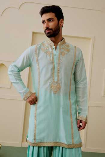 Gopi Vaid Green Tussar, Georgette Sidh Embroidered Kurta Set at Aza Fashions Gopi Vaid_Green Tussar, Georgette Sidh Embroidered Kurta Set _at_Aza_Fashions