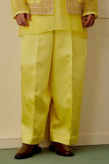 Gopi Vaid Yellow Tussar, Chanderi, Satin, Linen Embroidery, Zari Aarav Bundi And Kurta Set Online at Aza Fashions Gopi Vaid_Yellow Tussar, Chanderi, Satin, Linen Embroidery, Zari Aarav Bundi And Kurta Set _Online_at_Aza_Fashions