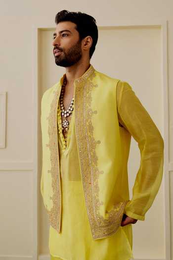Buy Gopi Vaid Yellow Tussar, Chanderi, Satin, Linen Embroidery, Zari Aarav Bundi And Kurta Set Online at Aza Fashions Buy_Gopi Vaid_Yellow Tussar, Chanderi, Satin, Linen Embroidery, Zari Aarav Bundi And Kurta Set _Online_at_Aza_Fashions