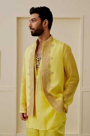 Shop Gopi Vaid Yellow Tussar, Chanderi, Satin, Linen Embroidery, Zari Aarav Bundi And Kurta Set Online at Aza Fashions Shop_Gopi Vaid_Yellow Tussar, Chanderi, Satin, Linen Embroidery, Zari Aarav Bundi And Kurta Set _Online_at_Aza_Fashions